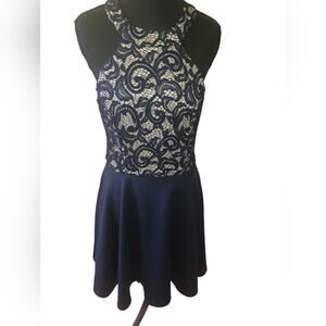 Chic Navy Blue Lace Halter Fit & Flare Dress Open Back B Darlin Juniors 13/14